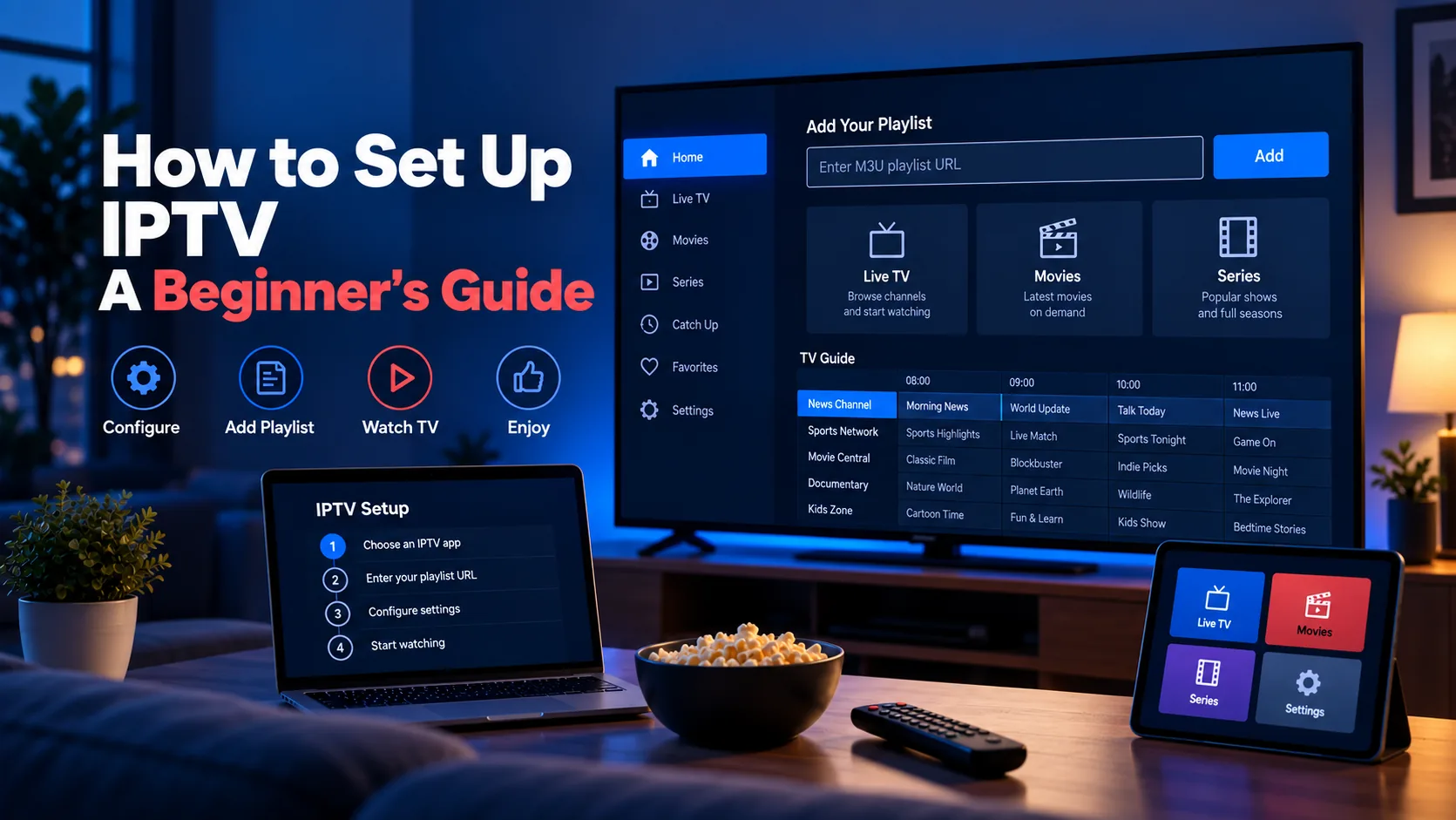 Step-by-step IPTV setup checklist on a smart TV from playlist URL entry to channel list and EPG guide