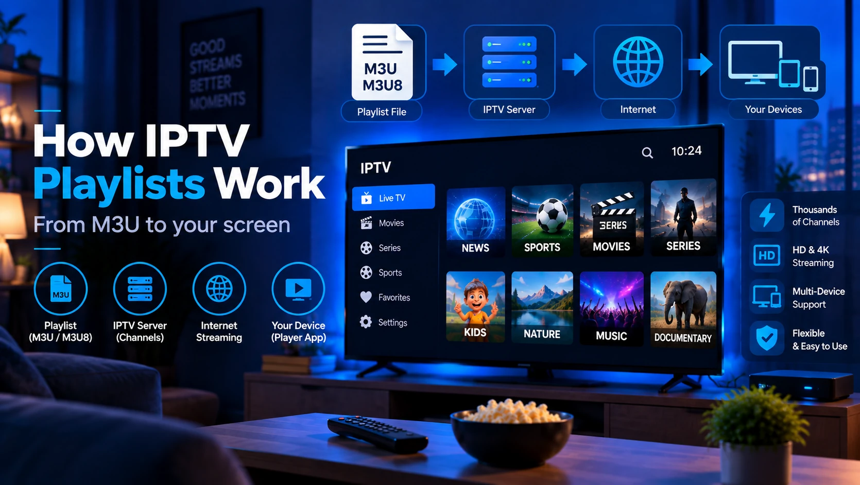 Diagram showing the flow from IPTV provider to M3U playlist to IPTV player to HLS stream on screen
