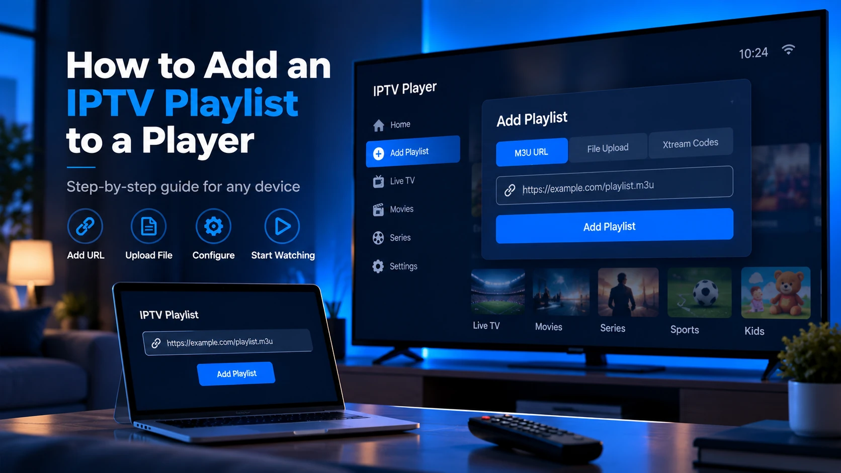 IPTV player open network stream dialog with M3U URL being pasted