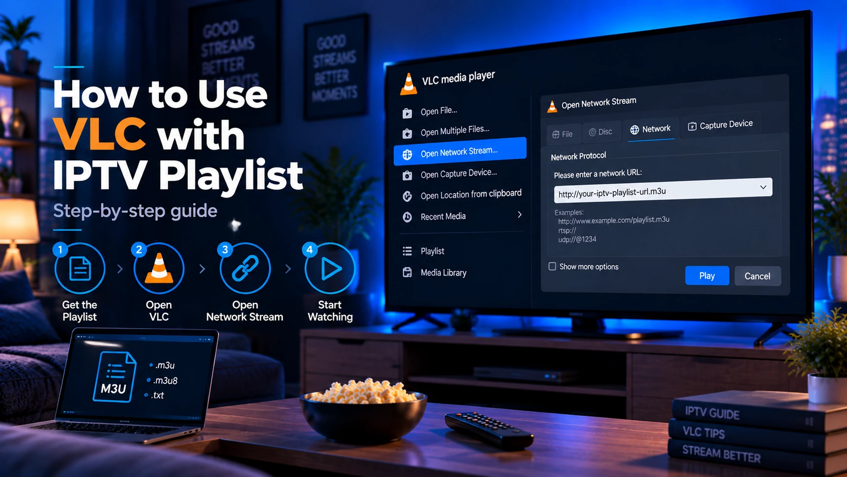 VLC media player open on a desktop showing an M3U IPTV playlist with live TV channels streaming