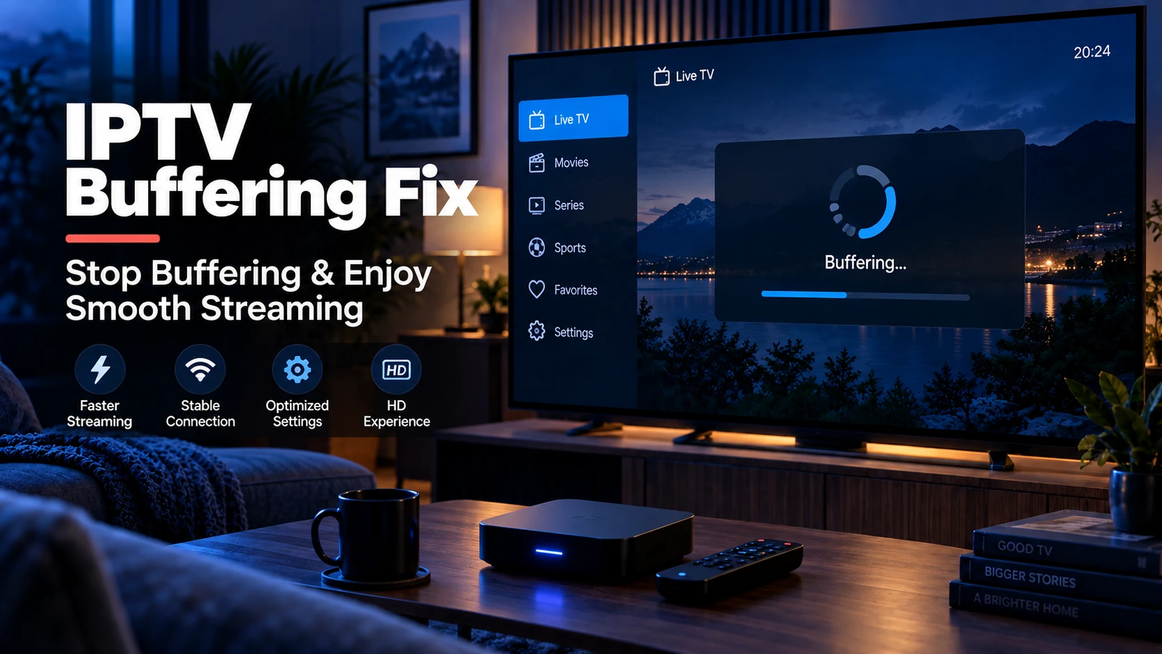 Streaming buffer wheel over a paused live IPTV channel with a checklist of network and player fixes