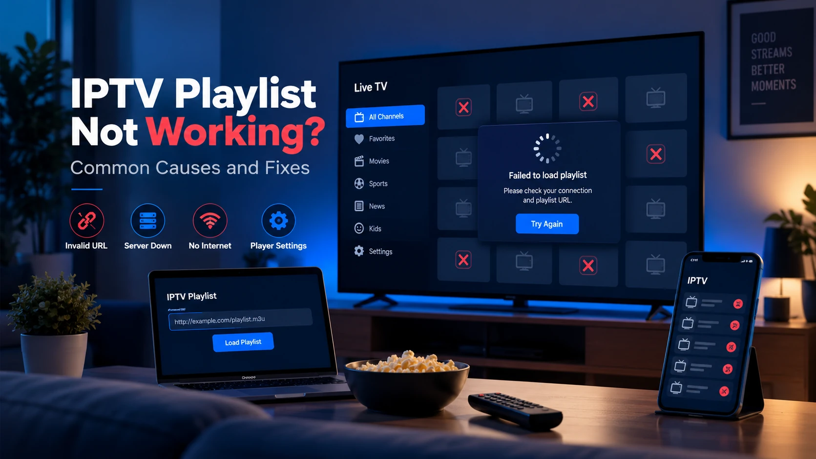 IPTV playlist troubleshooting — checklist of common causes including expired URL, missing EXTM3U header, HTTP stream blocks and wrong credentials