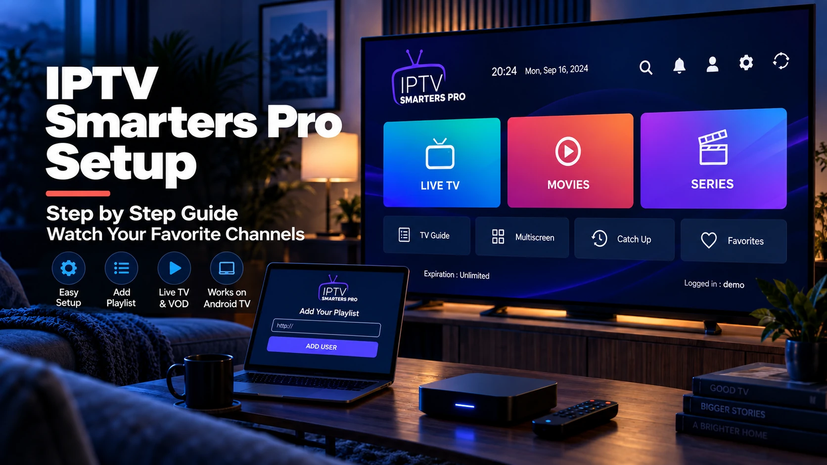 IPTV Smarters Pro app login screen showing the Xtream Codes and M3U playlist options on a TV