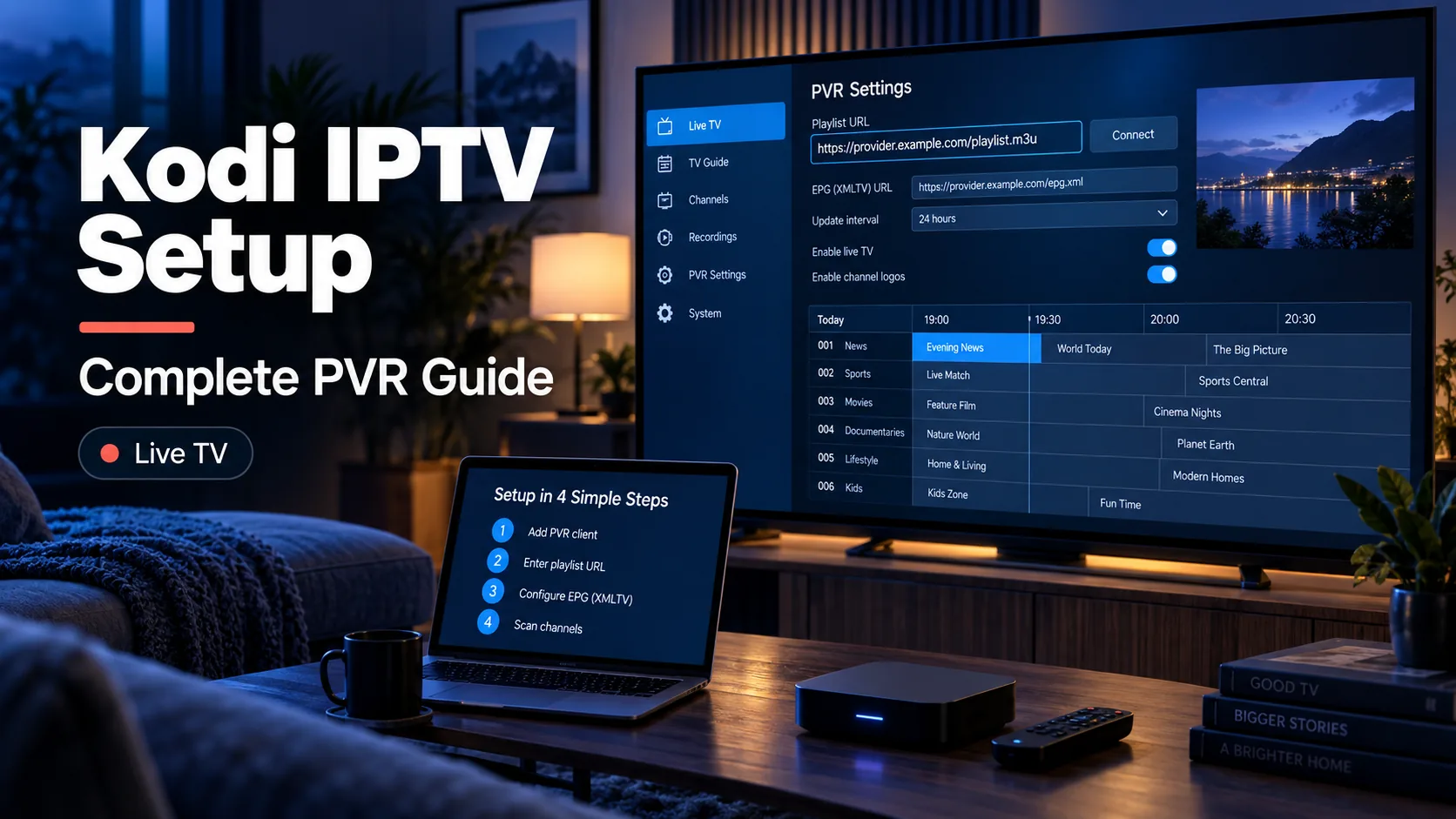 Kodi media center main menu with the PVR IPTV Simple Client configured and a live TV channel guide open
