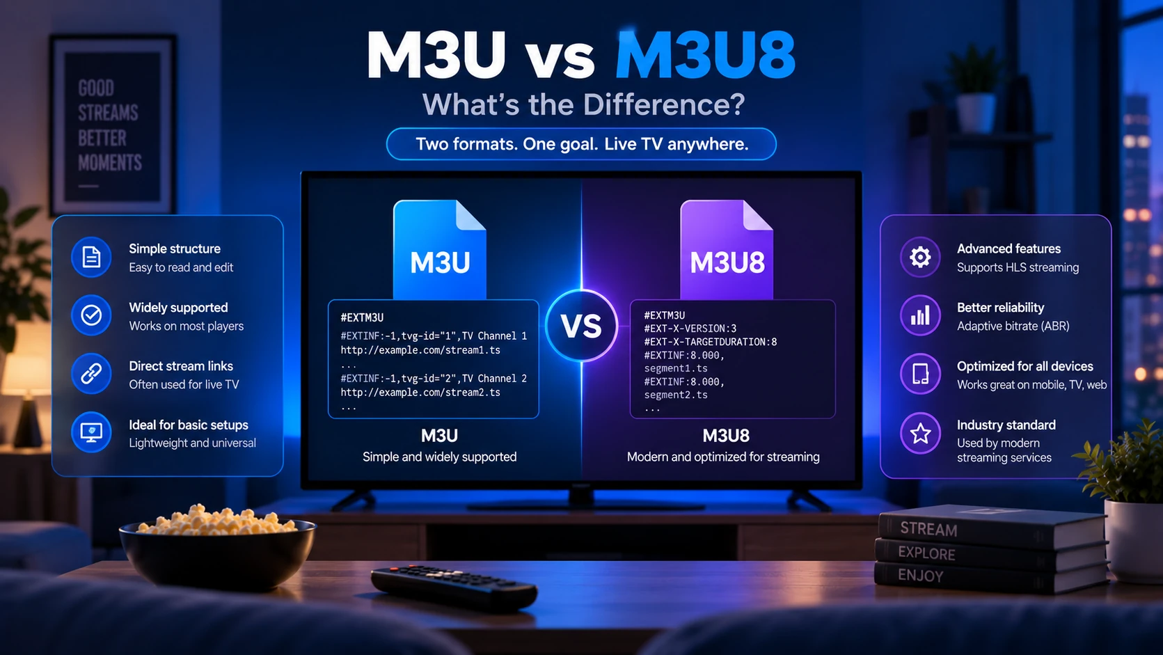 Side-by-side comparison of M3U and M3U8 playlist file formats showing UTF-8 encoding difference