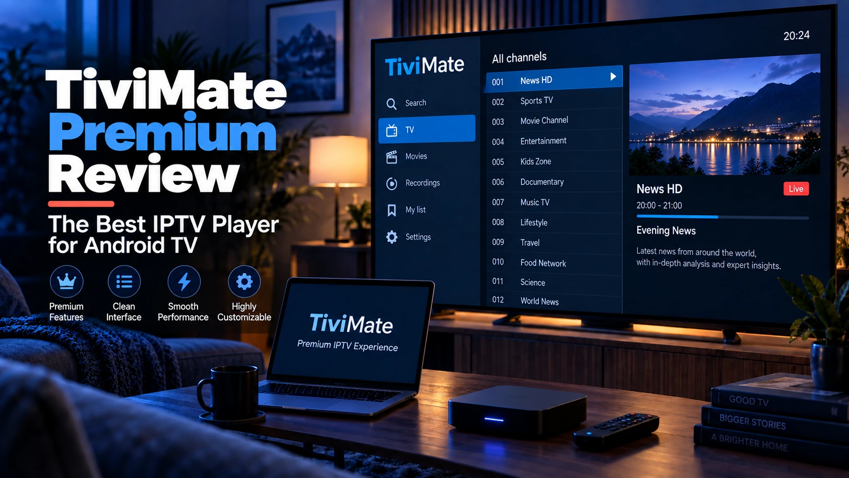TiviMate IPTV player displaying a cable-style TV guide grid with channel logos on an Android TV screen