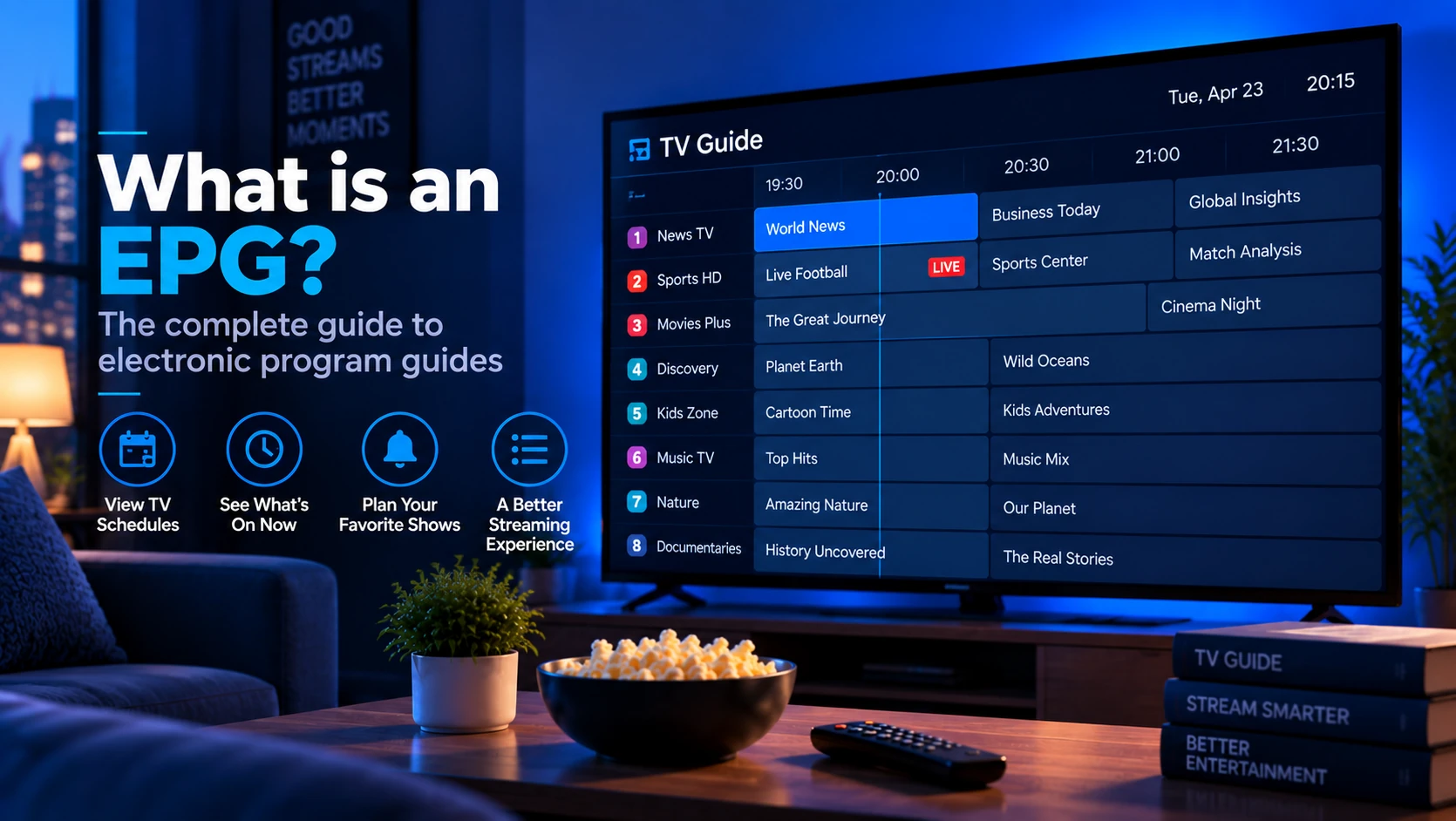 TV guide grid showing now and next programme listings for IPTV channels powered by EPG data