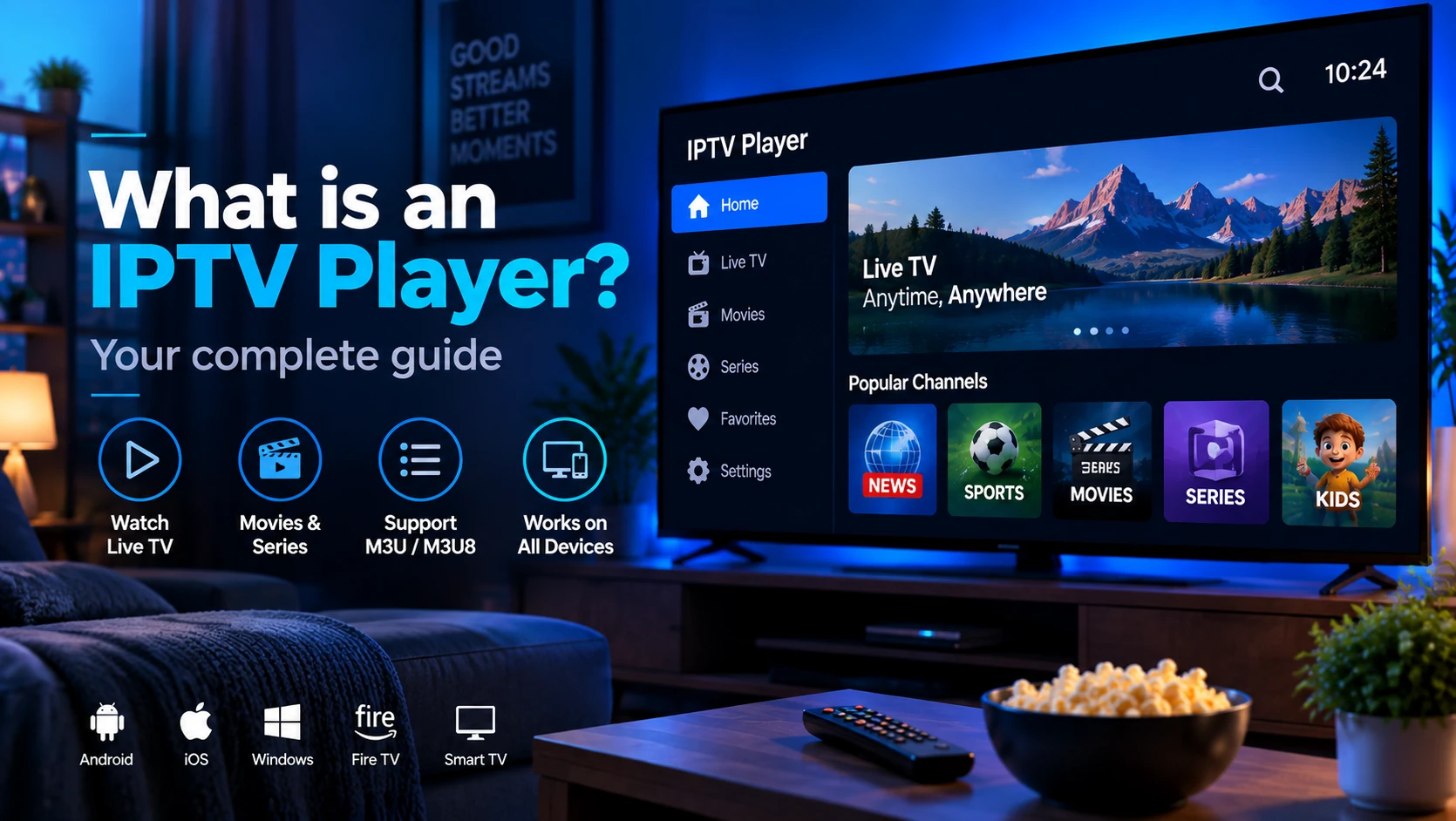 IPTV player app displaying a live TV channel grid on an Android TV screen with an M3U playlist loaded