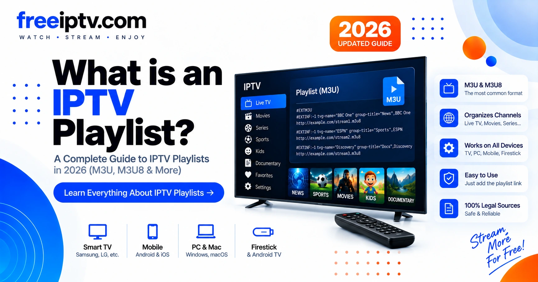 What is an IPTV playlist — M3U and M3U8 file with EXTINF, tvg-id, group-title and stream URL explained